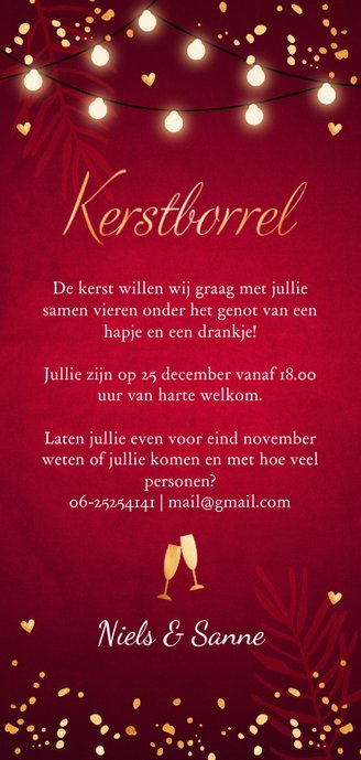 Kerstborrel uitnodiging rood confetti goudlook Achterkant