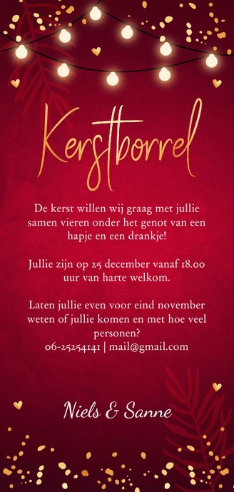 Kerstborrel uitnodiging rood confetti goudlook Achterkant