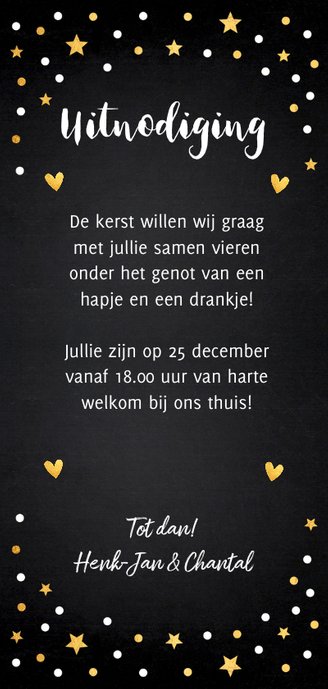 Kerstdiner uitnodiging zwart confetti goud 3