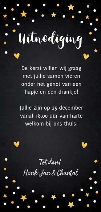 Kerstdiner uitnodiging zwart confetti goud 3