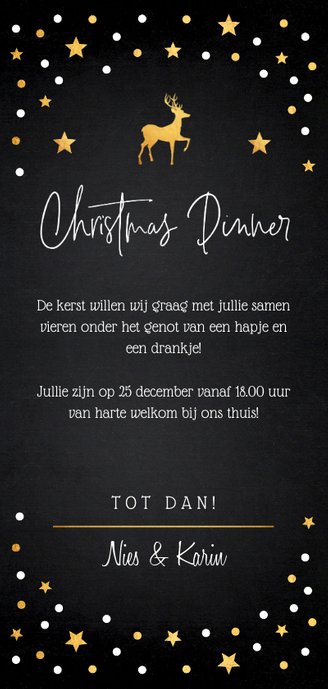 Kerstdiner uitnodiging zwart confetti goudlook Achterkant