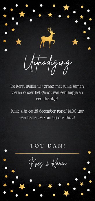 Kerstdiner uitnodiging zwart confetti goudlook Achterkant