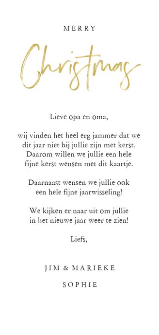 Kerstkaart confetti goud merry christmas hip Achterkant