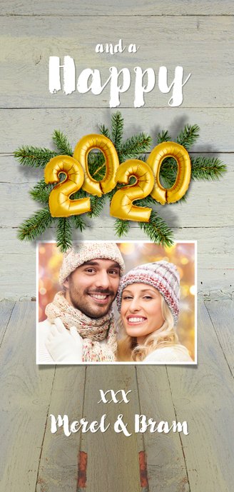 Kerstkaart hout kerstgroen en ballon goud xmas 2020 Achterkant