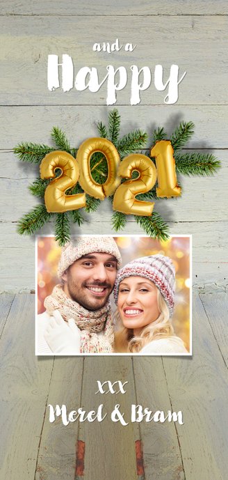 Kerstkaart hout kerstgroen en ballon goud xmas 2021 Achterkant