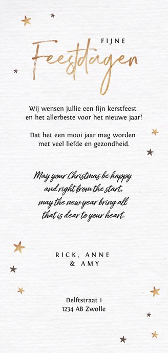 Kerstkaart houtlook fotocollage en sterretjes Achterkant