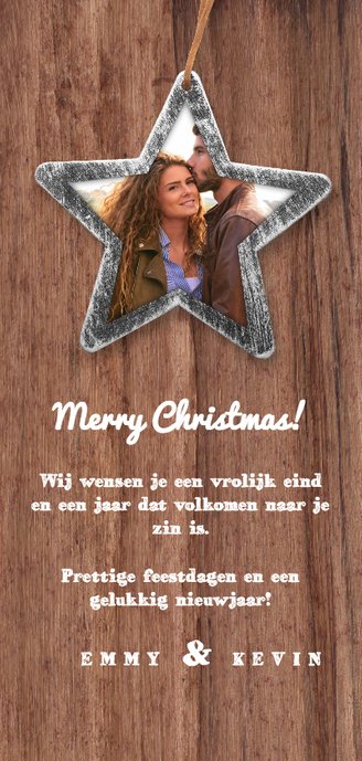 Kerstkaart industrieel met hout, lampjes en ster Achterkant