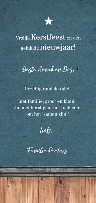 Kerstkaart industrieel stoer jeansblauw met hout en ster Achterkant