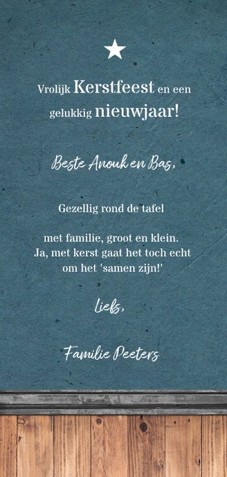 Kerstkaart industrieel stoer jeansblauw met hout en ster Achterkant