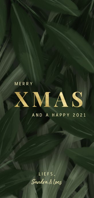 Kerstkaart jungle bladeren met foto en gouden xmas Achterkant