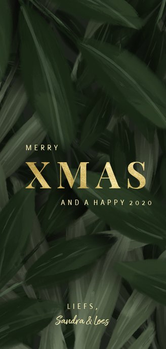 Kerstkaart jungle bladeren met foto en gouden xmas Achterkant