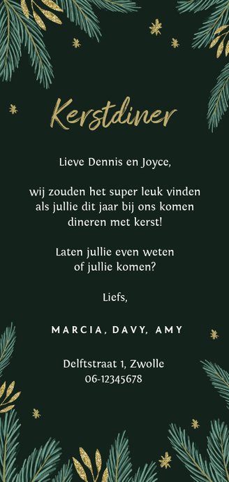 Kerstkaart kerstdiner uitnodiging winter foto takjes goud Achterkant