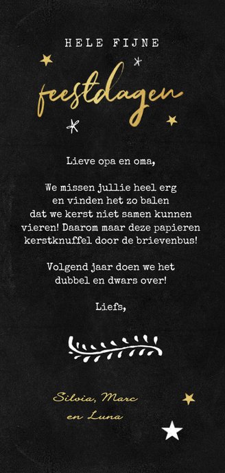 Kerstkaart krijtbord goud typografie winter sterren goud Achterkant