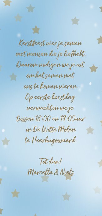 Kerstkaart label en gouden sterren Achterkant