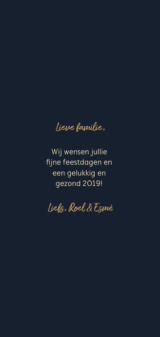 Kerstkaart langwerpig 2 foto's sterren gouden figuren 3