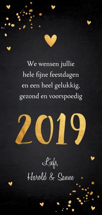 Kerstkaart langwerpig donker goud confetti 3