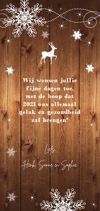 Kerstkaart langwerpig donker hout foto Achterkant