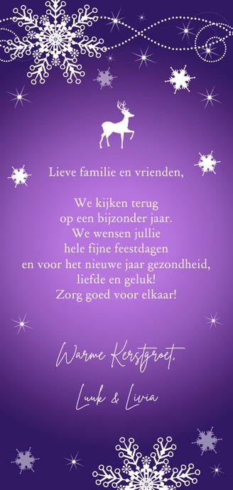 Kerstkaart langwerpig fotocollage paars sneeuwvlokken Achterkant