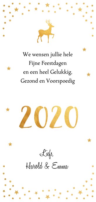 Kerstkaart langwerpig goudlook confetti foto Achterkant