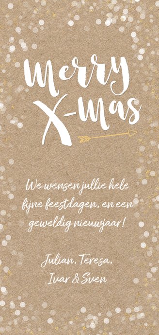 Kerstkaart langwerpig hip vrolijk goud met witte confetti Achterkant