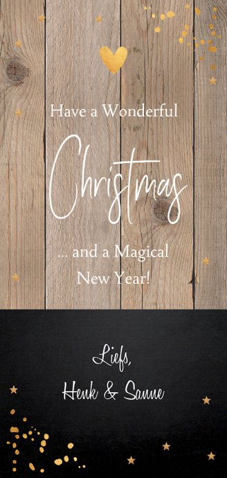 Kerstkaart langwerpig hout goud confetti 3