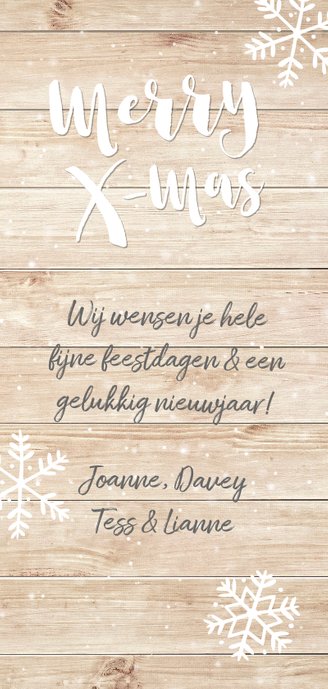 Kerstkaart langwerpig met hout, wintersfeer en eigen foto's Achterkant