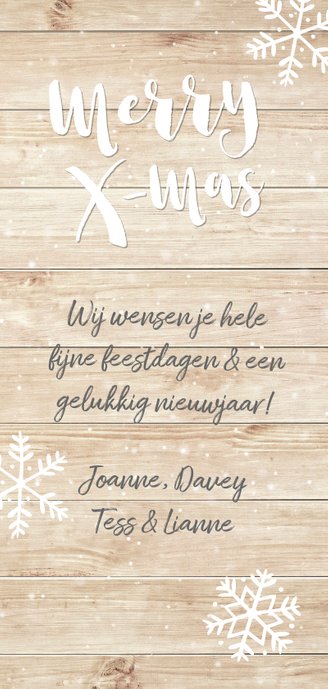 Kerstkaart langwerpig met hout, wintersfeer en eigen foto's Achterkant