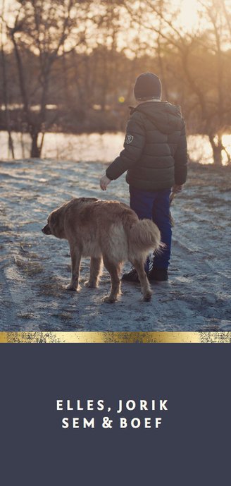 Kerstkaart met gouden accent en foto langwerpig Achterkant