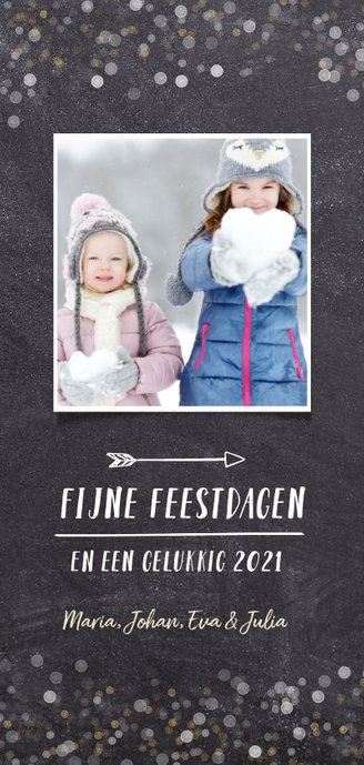 Kerstkaart met grote achtergrond foto en confetti goud wit Achterkant
