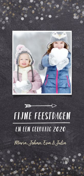 Kerstkaart met grote achtergrond foto en confetti goud wit Achterkant