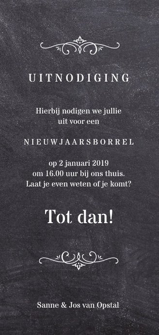 Kerstkaart met nieuwjaarsuitnodiging Achterkant