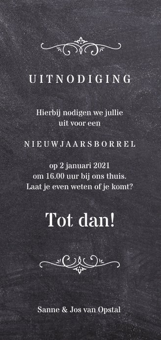 Kerstkaart met nieuwjaarsuitnodiging Achterkant