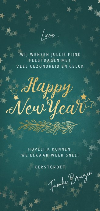 Kerstkaart petrol lang gouden sterren - een gouden kerst Achterkant