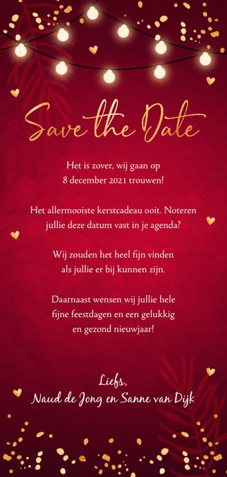 Kerstkaart Save the Date rood confetti goudlook Achterkant