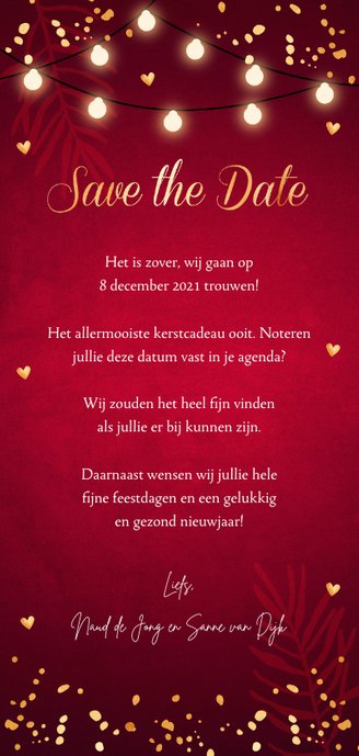 Kerstkaart Save the Date rood confetti goudlook Achterkant