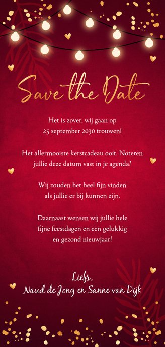 Kerstkaart Save the Date rood confetti goudlook Achterkant