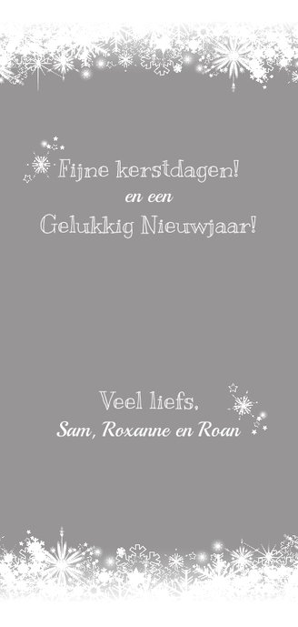 Kerstkaart stijlvol foto, sneeuw en glitter Achterkant