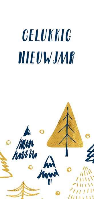 Kerstkaart stoer getekende kerstbomen Achterkant