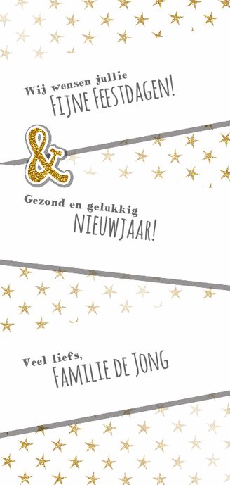 Kerstkaart trendy foto gouden glitter tekst en sterren Achterkant