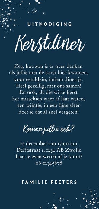 Kerstkaart uitnodiging kerstdiner ruitjes sneeuw foto Achterkant
