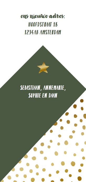 Kerstkaart verhuiskaart hip huisje stippen goudlook Achterkant