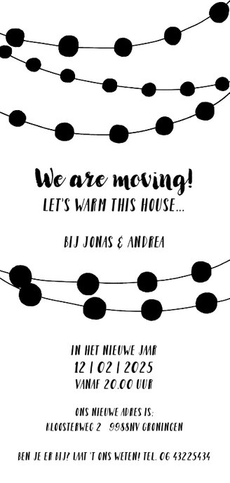 Kerstkaart verhuizen housewarming slingers Achterkant