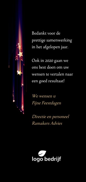 Kerstkaart zakelijk met kleurige vallende sterren Achterkant