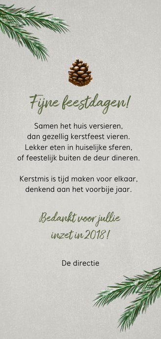 Kerstkaart zakelijk met lampjes, dennentakjes en foto Achterkant