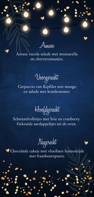 Kerstmenukaart blauw confetti goudlook Achterkant
