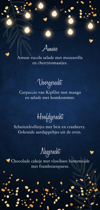 Kerstmenukaart blauw confetti goudlook Achterkant