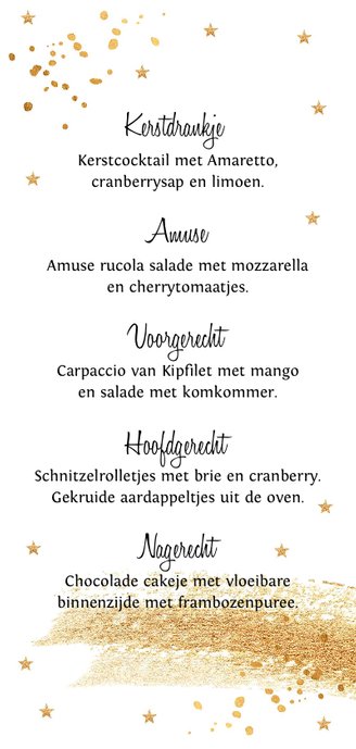 Kerstmenukaart langwerpig gouden confetti Achterkant