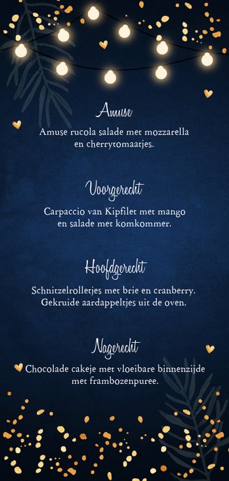 Kerstmenukaart blauw confetti goudlook Achterkant