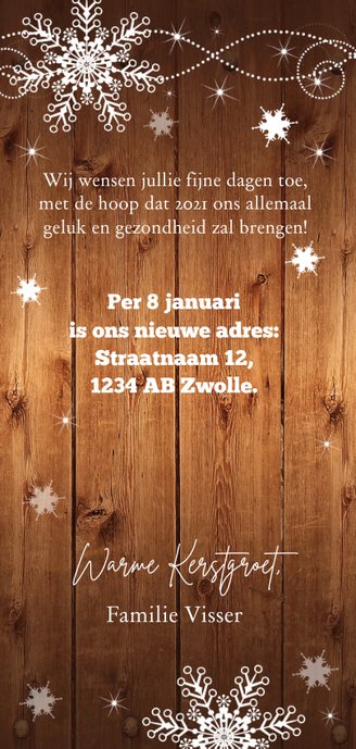 Kerstverhuiskaart foto houtlook sneeuwvlokken Achterkant
