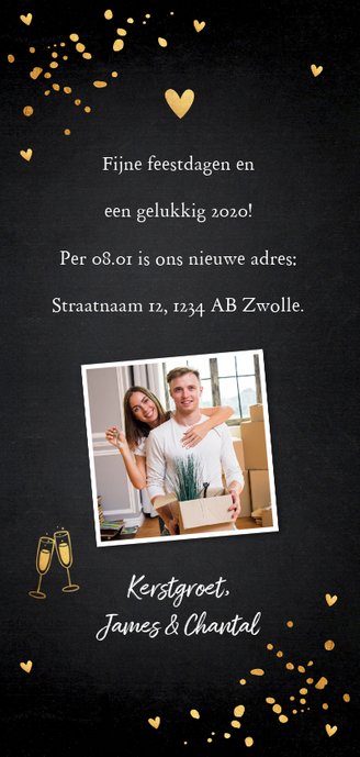 Kerstverhuiskaart huisjes confetti goudlook Achterkant
